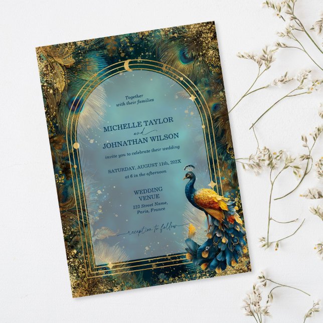 Elegant Vintage Peacock Feather Enchanted Forest Invitation (elegant gold arch frame peacock feather wedding invitations)