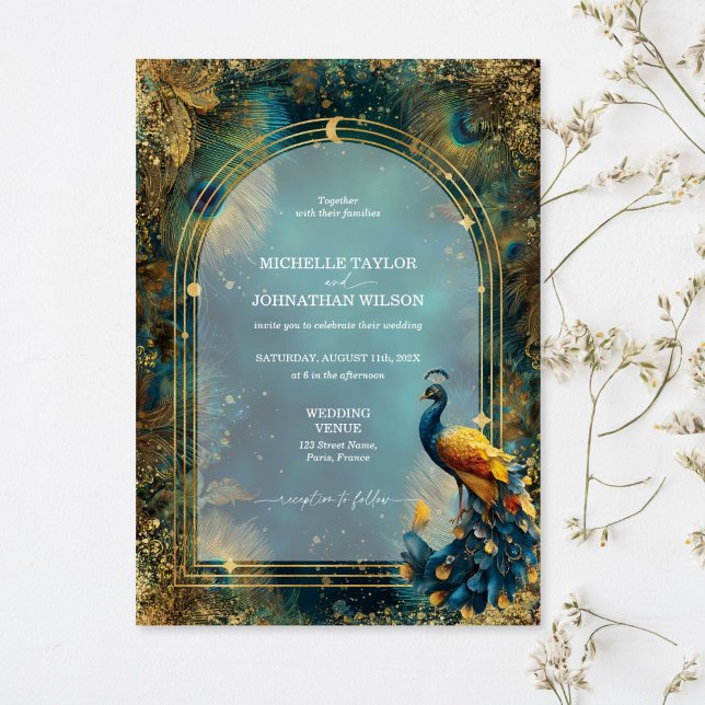 Elegant Vintage Peacock Feather Enchanted Forest Invitation (elegant peacock feather wedding invitations with golden arched frame)