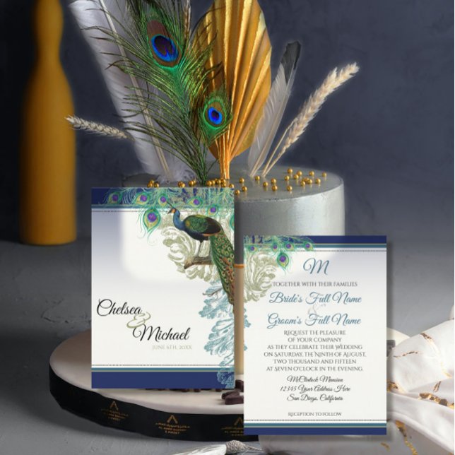 Elegant Vintage Peacock Feathers Navy Blue Wedding Invitation (Creator Uploaded)