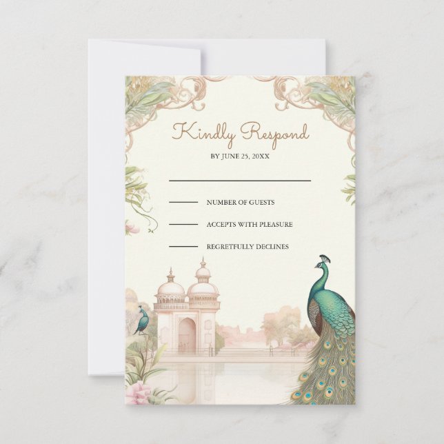 Elegant Vintage Peacock Indian Palace Wedding RSVP Card (Front)