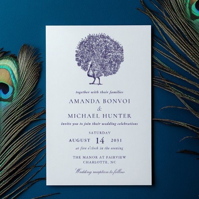 Elegant Vintage Peacock Midnight Blue Wedding Invitation (Creator Uploaded)