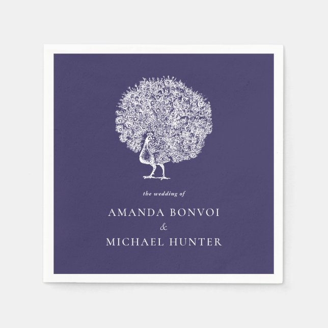 Elegant Vintage Peacock Midnight Blue Wedding Napkin (Front)