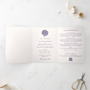 Elegant Vintage Peacock Midnight Blue Wedding Tri-Fold Invitation