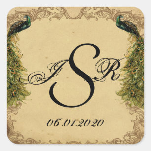 Elegant Vintage Peacock Posh Wedding Monogram Square Sticker