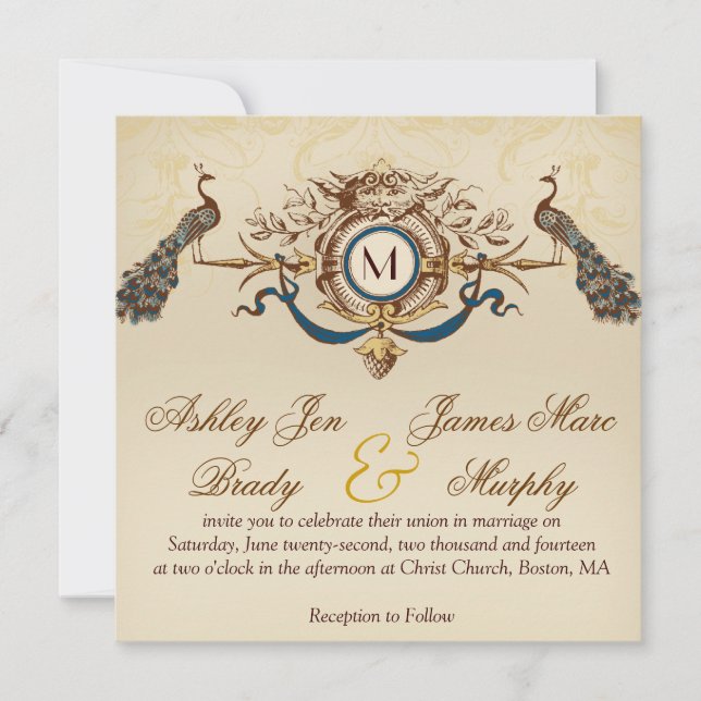 Elegant Vintage Peacock Square Wedding Invitations (Front)