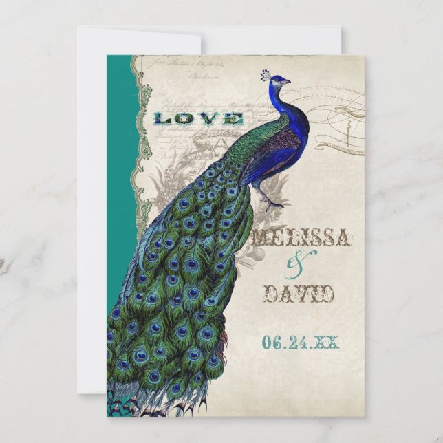 Elegant Vintage Peacock Tail Feathers Script Invitation (Front)