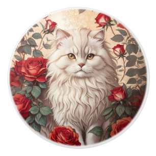 Elegant Vintage Persian Cat With Roses Ceramic Knob
