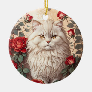 Elegant Vintage Persian Cat With Roses Ceramic Tree Decoration