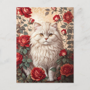 Elegant Vintage Persian Cat With Roses Postcard