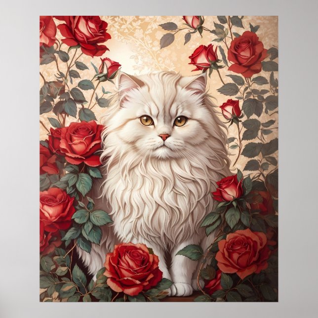 Elegant Vintage Persian Cat With Roses Poster (Front)