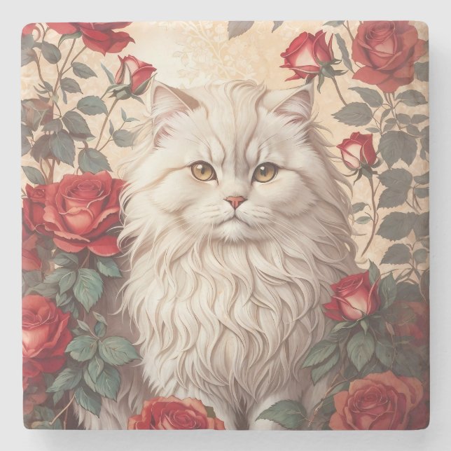 Elegant Vintage Persian Cat With Roses Stone Coaster (Front)