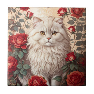 Elegant Vintage Persian Cat With Roses Tile