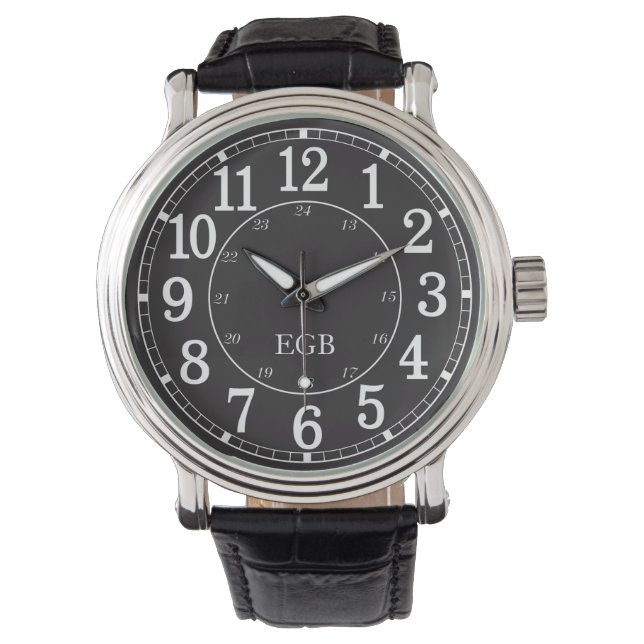 Elegant vintage personalised monogram black watch (Front)