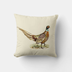 Elegant Vintage Pheasant Bird on Cream Beige Cushion