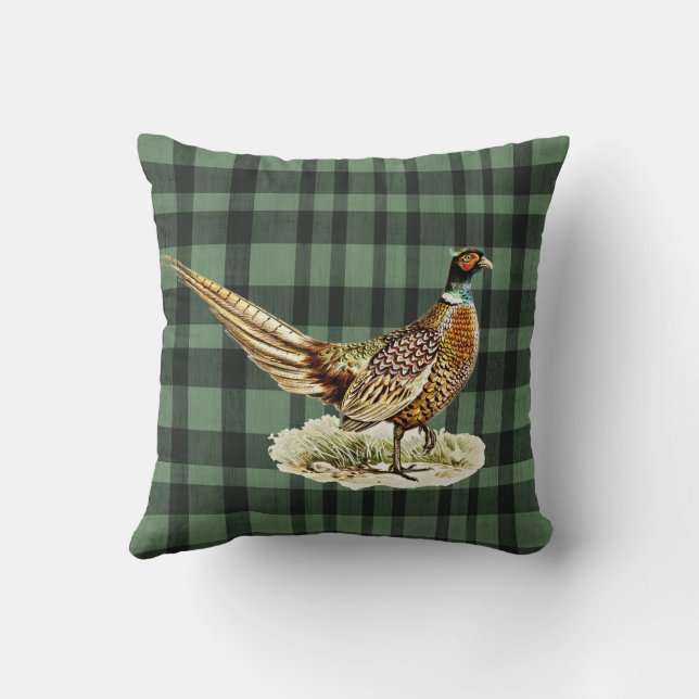 Elegant Vintage Pheasant Bird on Green Plaid Cushion (Back)