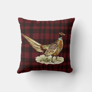 Elegant Vintage Pheasant Bird on Red Plaid Cushion