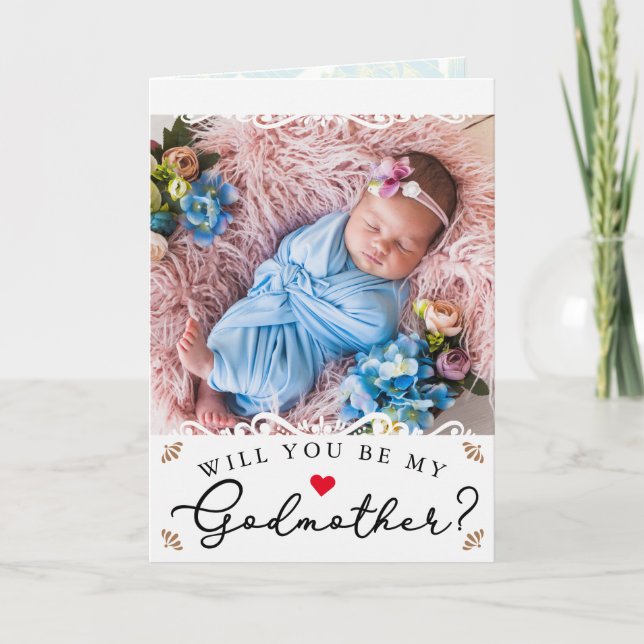 Elegant Vintage Photo Godmother Proposal Card (Front)