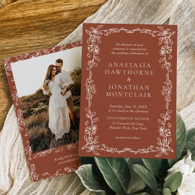 Elegant Vintage Photo Terracotta Wedding Invitation (Creator Uploaded)