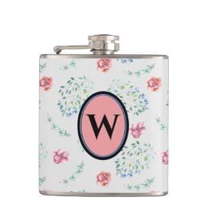 Elegant Vintage Pink Blue Floral Pattern Monogram Hip Flask