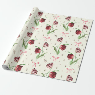 Elegant Vintage Pink Bows Tulips Floral Pattern Wrapping Paper