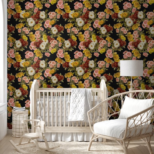 Elegant Vintage Pink Brown Flowers on Black Wallpaper (Kids)