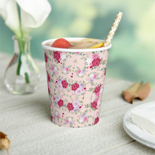 Elegant Vintage Pink & Burgundy Floral Pattern Paper Cups