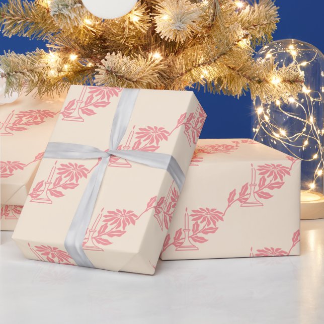 Elegant Vintage Pink Christmas Candle Poinsettia  Wrapping Paper (Holidays)