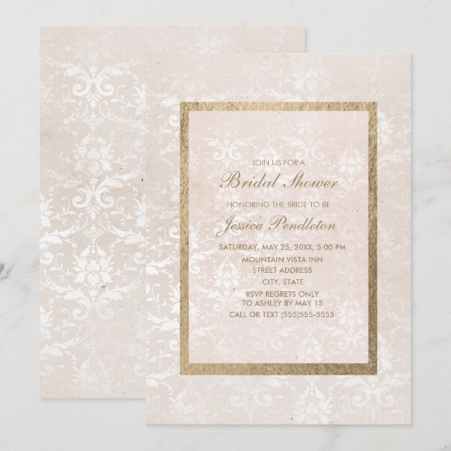 Elegant Vintage Pink Damask Gold Bridal Shower Invitation (Front/Back)