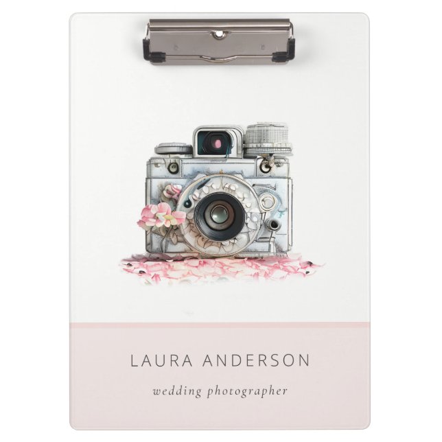 Elegant Vintage Pink Floral Camera Photography Clipboard (Front)