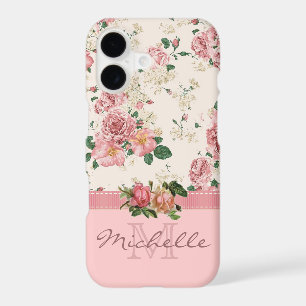 Elegant Vintage Pink Floral Rose Monogram Name