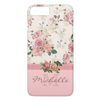 Elegant Vintage Pink Floral Rose Monogram Name iPhone 8 Plus/7 Plus Case