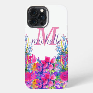 Elegant Vintage Pink Floral Rose Monogram Name iPhone 13 Pro Max Case