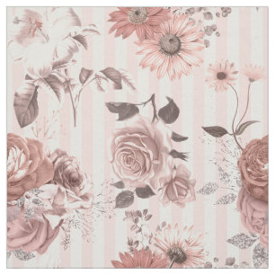 Elegant Vintage Pink Floral Roses White Stripes  Fabric