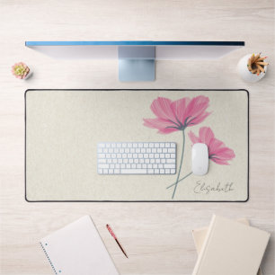 Elegant Vintage Pink Flowers Add Name Off White Desk Mat