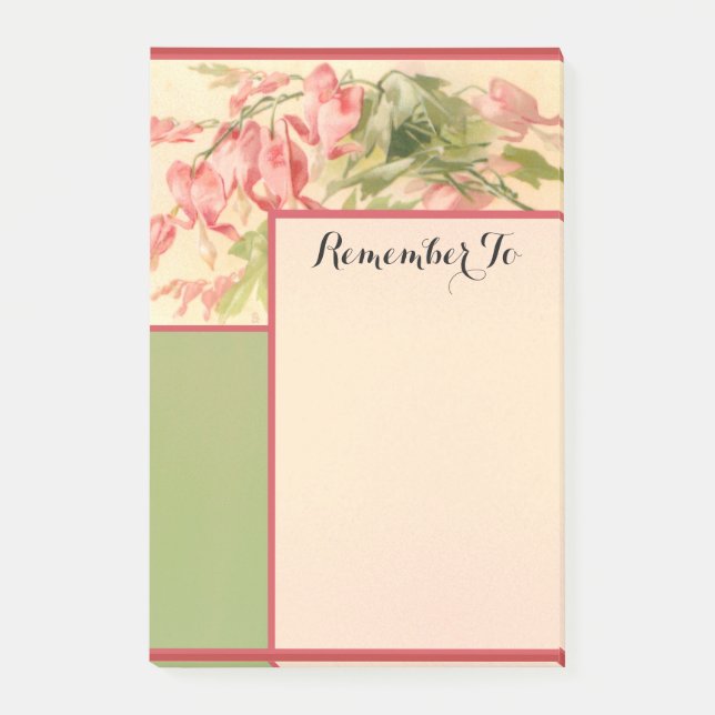 Elegant Vintage Pink Flowers Green Post-it Notes (Front)