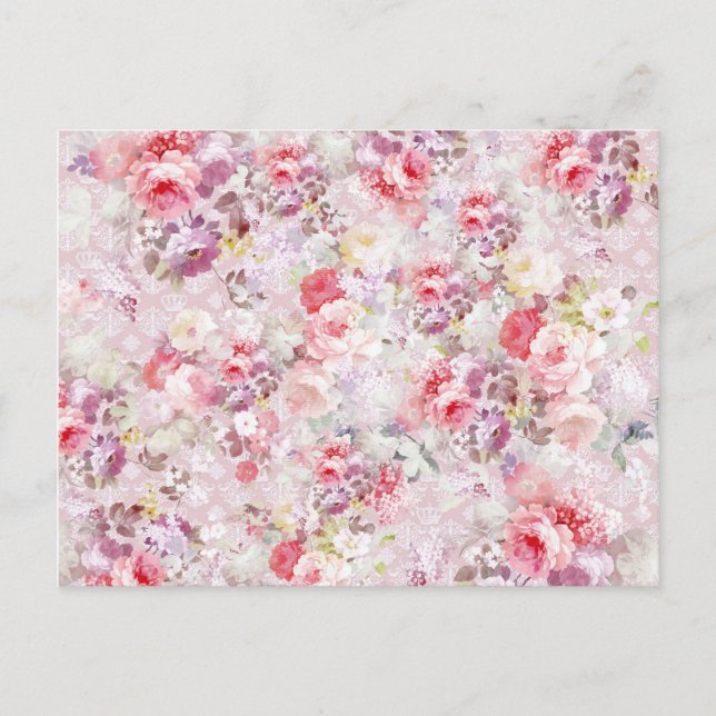 Elegant vintage pink flowers royal damask pattern postcard (Front)