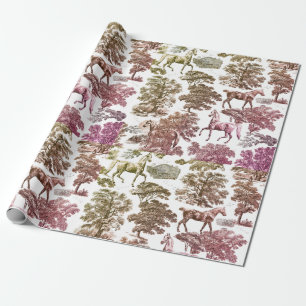 Elegant Vintage Pink Gold Horses in Woods Toile  Wrapping Paper
