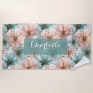 Elegant Vintage Pink & Green Floral Personalized Beach Towel