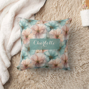 Elegant Vintage Pink & Green Floral Personalized Cushion