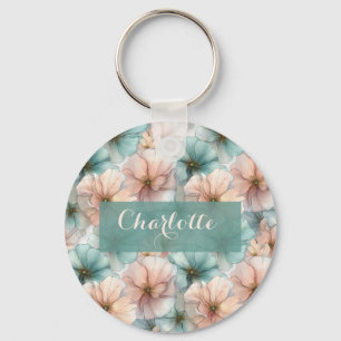 Elegant Vintage Pink & Green Floral Personalized Key Ring