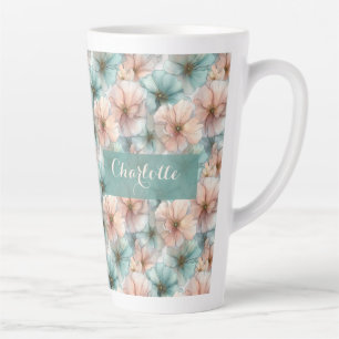 Elegant Vintage Pink & Green Floral Personalized Latte Mug