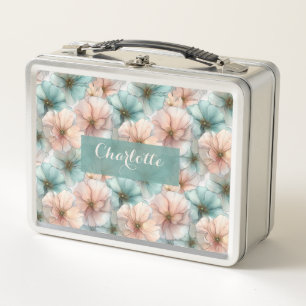 Elegant Vintage Pink & Green Floral Personalized Metal Lunch Box