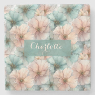 Elegant Vintage Pink & Green Floral Personalized Stone Coaster