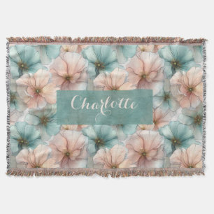 Elegant Vintage Pink & Green Floral Personalized Throw Blanket
