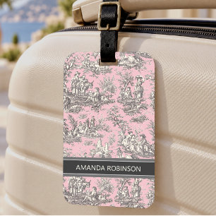 Elegant vintage pink grey toile de jouy luggage tag