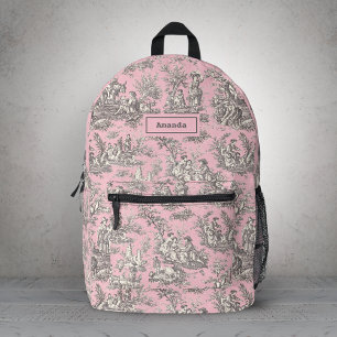 Elegant Vintage Pink Grey Toile De Jouy Monogram Printed Backpack