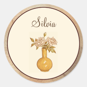 Elegant Vintage Pink Monogram and Yellow Flowers Classic Round Sticker