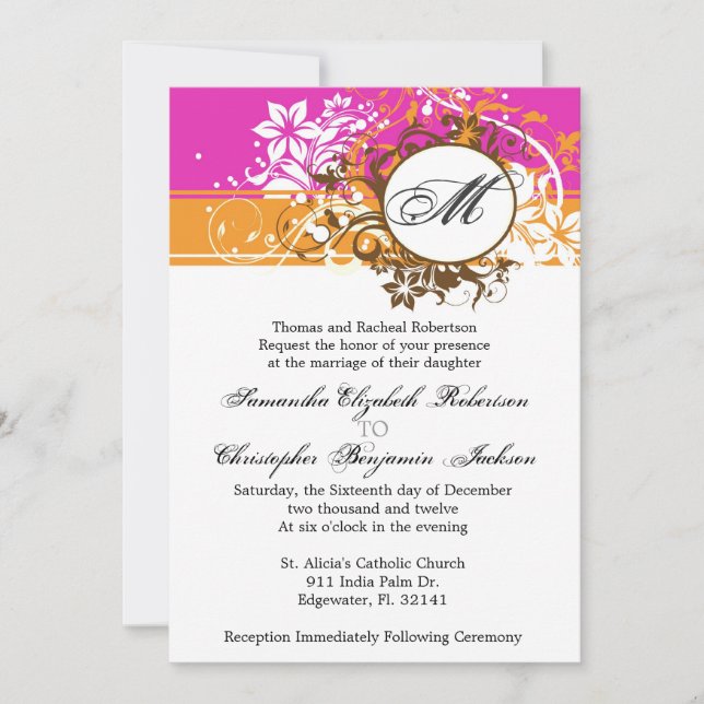 Elegant Vintage Pink Monogram Wedding Invite (Front)