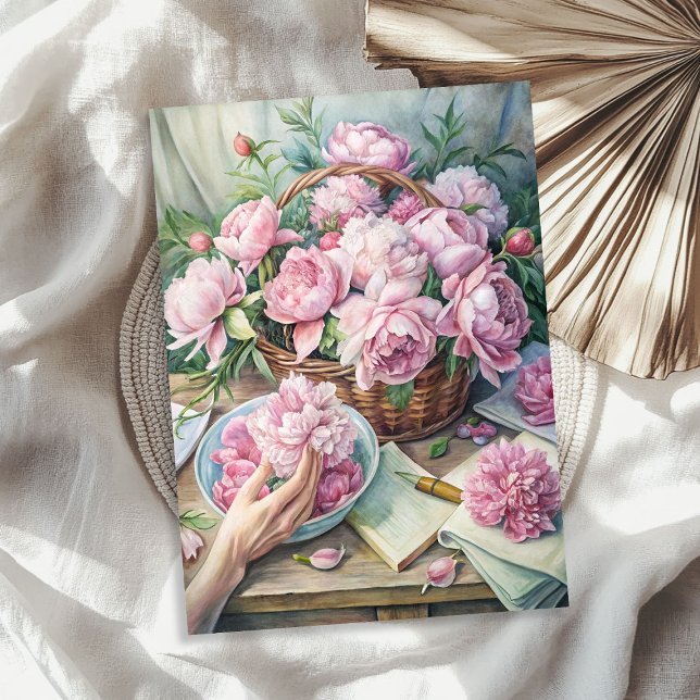 Elegant vintage pink peonies in basket tissue paper (Elegant vintage pink peonies in basket tissue paper)