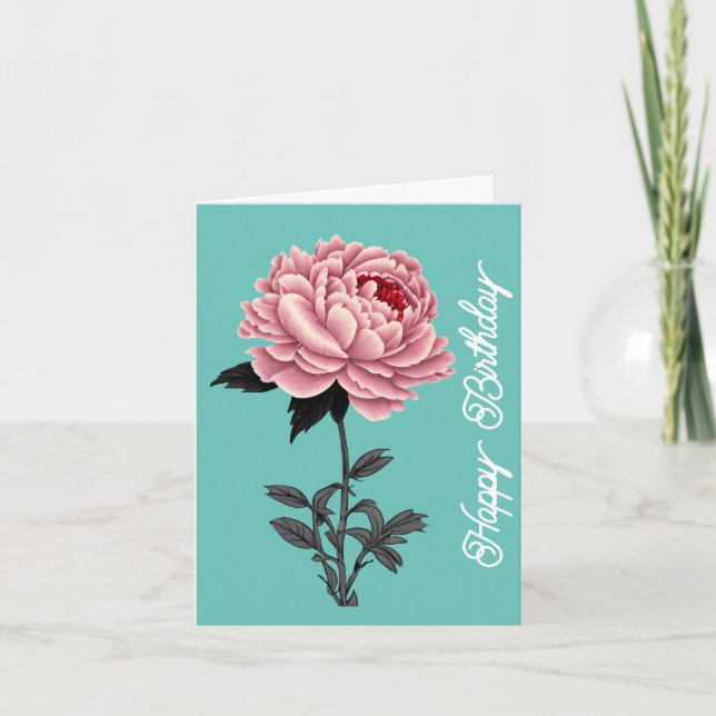 Elegant Vintage Pink Peony Happy Birthday Green Card (Front)